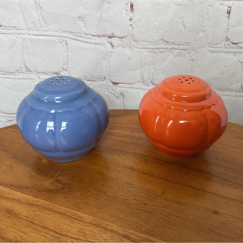 Vintage Fiesta Ware Blue and Red Ceramic Salt and Pepper Shakers